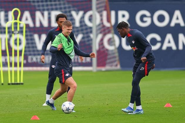 RB Leipzig training Championsleague Leipzig, 24 10 2023, training center at Cottaweg, season 2023 2024, UEFA Champions League , RB Leipzig final training before the match against Red Star Belgrade , In picture f l Dani Olmo and Castello Lukeba ,