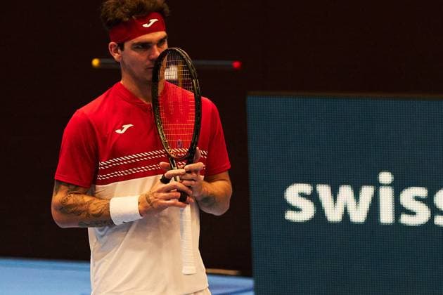 Thiago Seyboth Wild of Brazil reacts to a lost game to Tallon Griekspoor Tallon Griekspoor of Netherlands during day four of Swiss Indoors at St. Jakobshalle on October 24, 2023 in Basel, Switzerland (Photo by Camilla Stolen Imago) Basel Switzerland Copyright: xCamillaxStolenx L1490608