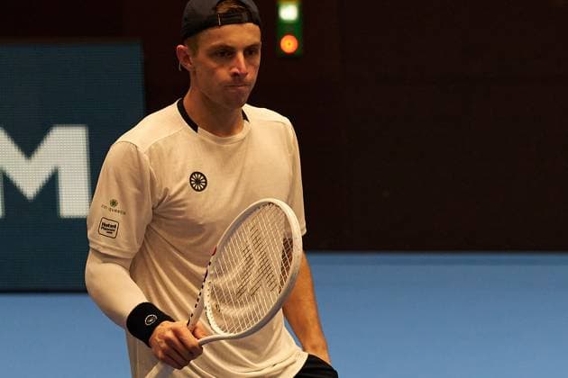 Tallon Griekspoor of Netherlands celebrates his win over Thiago Seyboth Wild of Brazil during day four of Swiss Indoors at St. Jakobshalle on October 24, 2023 in Basel, Switzerland (Photo by Camilla Stolen Imago) Basel Switzerland Copyright: xCamillaxStolenx L1490728