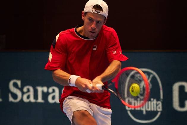 Diego Schwartzman of Argentina returs a backhand to Alex de Minaur of Australia during their first round match on day four of Swiss Indoors at St. Jakobshalle on October 24, 2023 in Basel, Switzerland (Photo by Camilla Stolen Imago) Basel Switzerland Copyright: xCamillaxStolenx L1500421