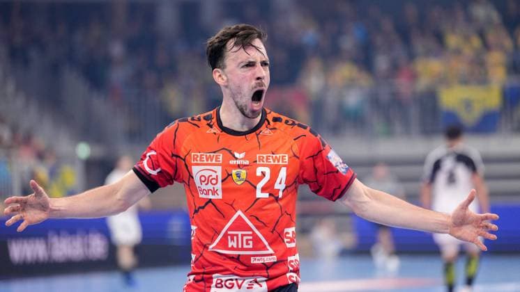 Goal scorer Patrick Groetzki RNL, 24 , cheers about a goal, jubilation, jubilate, goal celebration, celebrate the goal, celebration, cheering about the goal, optimistic, game scene, highlight, single image, action, action, Rhein Neckar Löwen player, 24 10 2023, Heidelberg Germany , Handball, EHF European League, Rhein Neckar Löwen HBC Nantes xozx