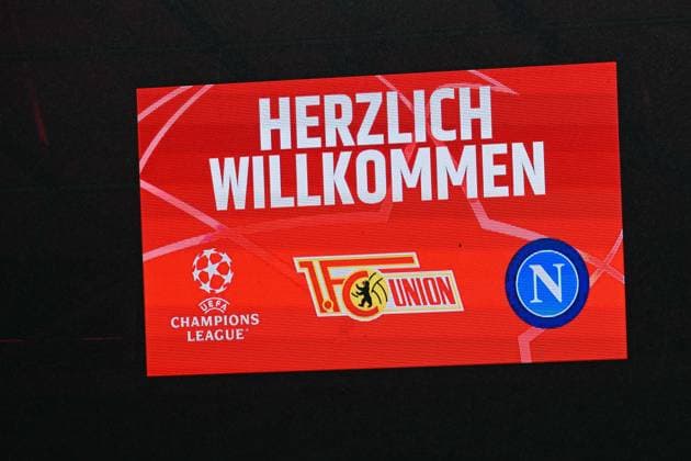 Football, men, season 2023 2024, UEFA Champions League Group C, matchday 3 , 1 FC Union Berlin SSC Napoli, v l scoreboard with Welcome, 24 10 2023, Copyright: xMatthiasxKochx