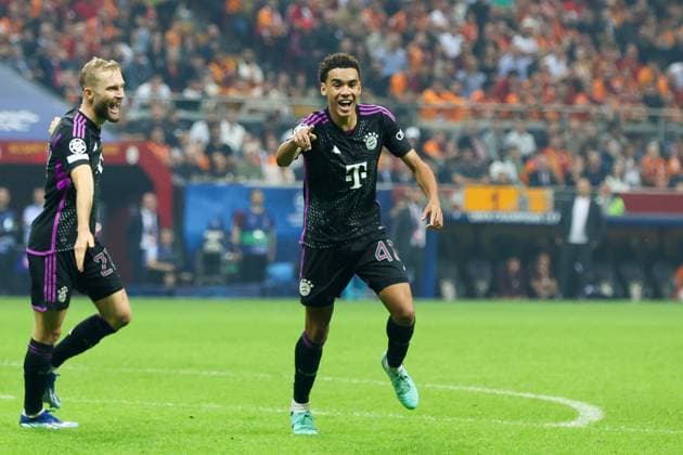 Goal celebration of Jamal Musiala 42 FC Bayern Muenchen to 1 3, Galatasaray Istanbul vs FC Bayern Muenchen, Champions League, football, preliminary round, first leg, 24 10 2023 Istanbul Istanbul Turkey Copyright: xkolbert-press ChristianxKolbertx