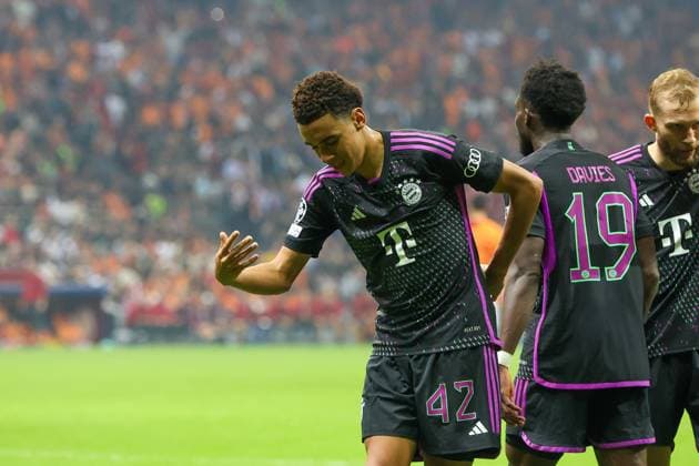 Goal celebration of Jamal Musiala 42 FC Bayern Muenchen to 1 3, Galatasaray Istanbul vs FC Bayern Muenchen, Champions League, football, preliminary round, first leg, 24 10 2023 Istanbul Istanbul Turkey Copyright: xkolbert-press ChristianxKolbertx