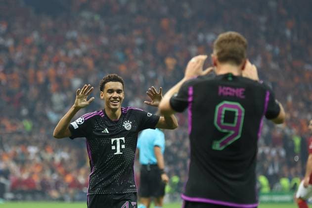 Goal celebration of Jamal Musiala 42 FC Bayern Muenchen to 1 3, Galatasaray Istanbul vs FC Bayern Muenchen, Champions League, football, preliminary round, first leg, 24 10 2023 Istanbul Istanbul Turkey Copyright: xkolbert-press ChristianxKolbertx