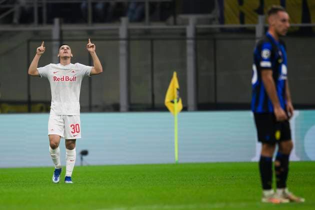 FC Internazionale v RB Salzburg - UEFA Champions League Oscar Gloukh of RB Salzburg celebrates after scoring a goal during the UEFA Champions League football match between FC Internazionale and RB Salzburg. Milan Italy Copyright: xNicolòxCampox