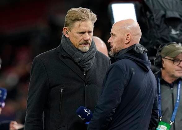 Manchester, England, 24th October 2023. Former United player Peter Schmeichel talks to Erik ten Hag manager of Manchester United, ManU during the UEFA Champions League match at Old Trafford, Manchester. Picture credit should read: Andrew Yates Sportimage EDITORIAL USE ONLY. No use with unauthorised audio, video, data, fixture lists, club league logos or live services. Online in-match use limited to 120 images, no video emulation. No use in betting, games or single club league player publications. SPI-2672-0029