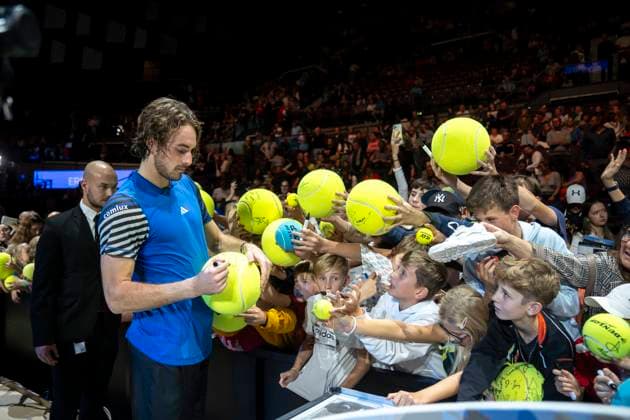 Vienna, Austria 24 October 2023 Stefanos Tsitsipas GRE signs autographs after the match, Dominik Thiem AUT vs Stefanos Tsitsipas GRE , fans ATP World Tour, Erste Bank Open at Wiener Stadthalle