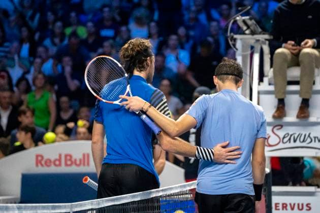 Vienna, Austria 24 October 2023 Dominik Thiem AUT plays against Stefanos Tsitsipas GRE at the ATP World Tour, Erste Bank Open at Wiener Stadthalle Picture shows Stefanos Tsitsipas GRE and Dominik Thiem AUT after the match, congratulations to each other