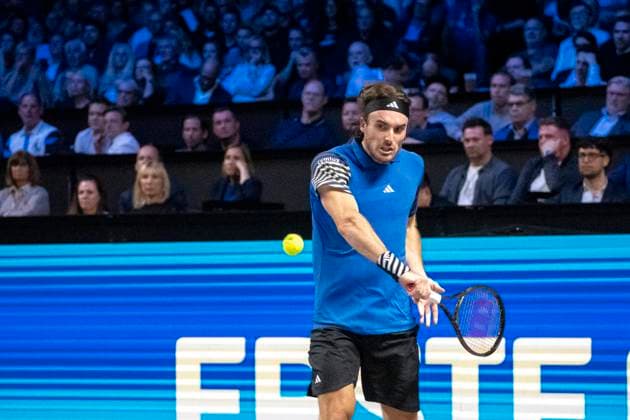 Vienna, Austria 24 October 2023 Dominik Thiem AUT plays against Stefanos Tsitsipas GRE at the ATP World Tour, Erste Bank Open at Wiener Stadthalle Picture shows Stefanos Tsitsipas GRE