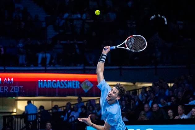 Vienna, Austria 24 October 2023 Dominik Thiem AUT plays against Stefanos Tsitsipas GRE at the ATP World Tour, Erste Bank Open at Wiener Stadthalle Picture shows Stefanos Tsitsipas GRE
