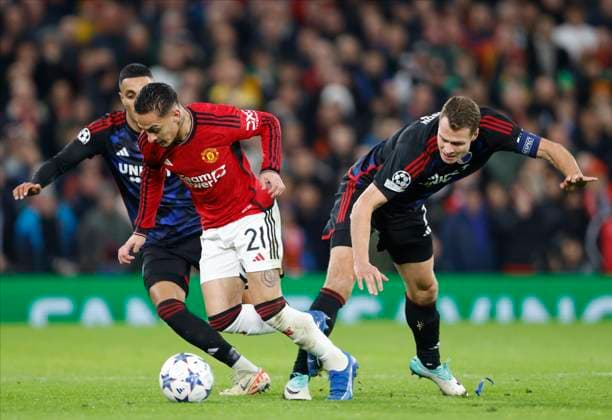Manchester United, ManU v F.C. Copenhagen: Group A - UEFA Champions League 2023 24 Elias Achouri, Viktor Claesson of FC Copenhagen and Antony of Manchester United challenge during the UEFA Champions League match between Manchester United and F.C. Copenhagen at Old Trafford on October 24, 2023 in Manchester, England. Manchester Old Trafford England United Kingdom Copyright: xRichardxSellers Sportsphoto APLx 13958407