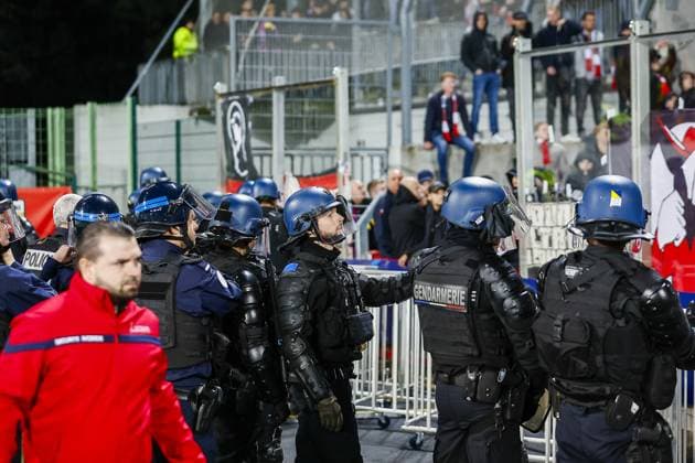 LENS - 24-10-2023, Stade Bollaert-Delelis. Football, Champions League, season 2023-2024. Lens - PSV. Police in stadium Lens - PSV  x22883434x Copyright: