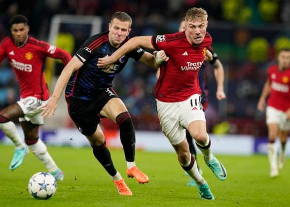 Manchester, England, 24th October 2023. Denis Vavro of FC Copenhagen is turned by Rasmus Hojlund of Manchester United, ManU during the UEFA Champions League match at Old Trafford, Manchester. Picture credit should read: Andrew Yates Sportimage EDITORIAL USE ONLY. No use with unauthorised audio, video, data, fixture lists, club league logos or live services. Online in-match use limited to 120 images, no video emulation. No use in betting, games or single club league player publications. SPI-2672-0064