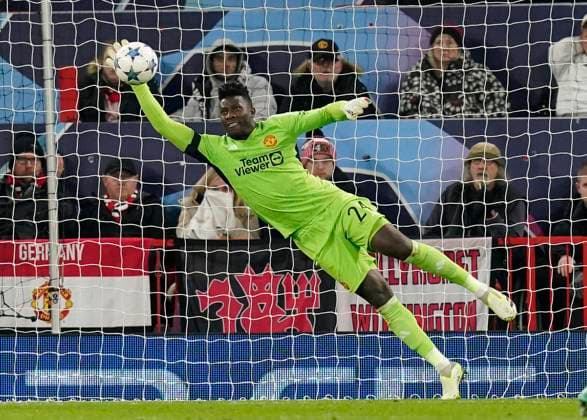 Manchester, England, 24th October 2023. Andrà Onana of Manchester United, ManU produces a save from Lukas Lerager of FC Copenhagen during the UEFA Champions League match at Old Trafford, Manchester. Picture credit should read: Andrew Yates Sportimage EDITORIAL USE ONLY. No use with unauthorised audio, video, data, fixture lists, club league logos or live services. Online in-match use limited to 120 images, no video emulation. No use in betting, games or single club league player publications. SPI-2672-0067