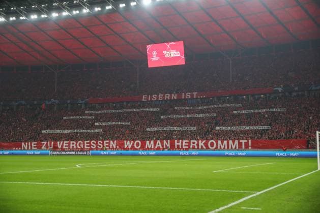 24 10 2023, xtgx, football, UEFA Champions League, 1 FC Union Berlin SSC Napoli emspor, v l symbol photo, symbol image, banner, poster, banner Eisern is never to forget where you come from DFL DFB REGULATES PROHIBIT ANY USE OF PHOTOGRAPHS as IMAGE SEQUENCES and or QUASI VIDEO Olympiastadion