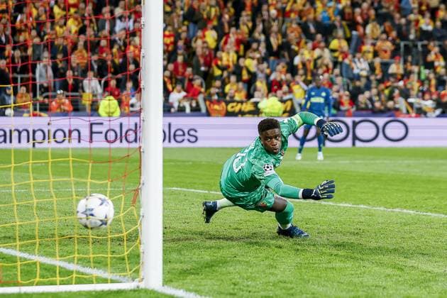 LENS - 24-10-2023, Stade Bollaert-Delelis. Football, Champions League, season 2023-2024. Lens - PSV. Goalkeeper Brice Samba of RC Lens after Johan Bakayoko of PSV scores the 0-1 Lens - PSV  x22883573x Copyright: