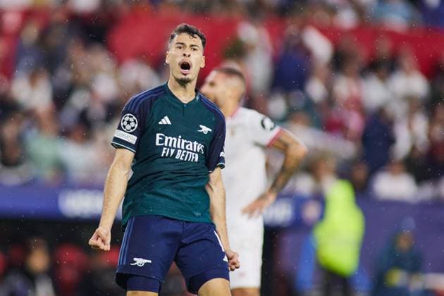 October 24, 2023, SEVILLA, SEVILLA, SPAIN: Gabriel Martinelli of Arsenal FC celebrates a goal during the UEFA Champions League match between Sevilla FC and Arsenal FC at Estadio Ramon Sanchez Pizjuan on October 24, 2023 in Sevilla, Spain. SEVILLA SPAIN - ZUMAa181 20231024_zaa_a181_035 Copyright: xJoaquinxCorcherox