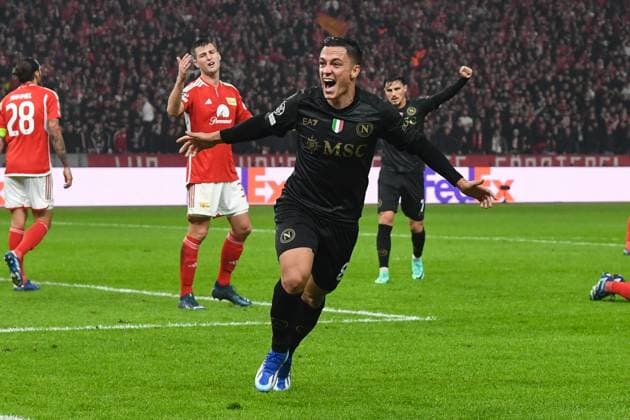Football, Men, 2023 2024 season, UEFA Champions League Group C, Matchday 3 , 1 FC Union Berlin SSC Napoli, v l Giacomo Raspadori SSC Napoli goal celebration, cheers after scoring 0 1, 24 10 2023, Copyright: xMatthiasxKochx