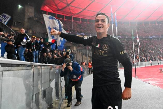Football, Men, 2023 2024 season, UEFA Champions League Group C, Matchday 3 , 1 FC Union Berlin SSC Napoli, v l Giacomo Raspadori SSC Napoli goal celebration, cheers after scoring 0 1, 24 10 2023, Copyright: xMatthiasxKochx