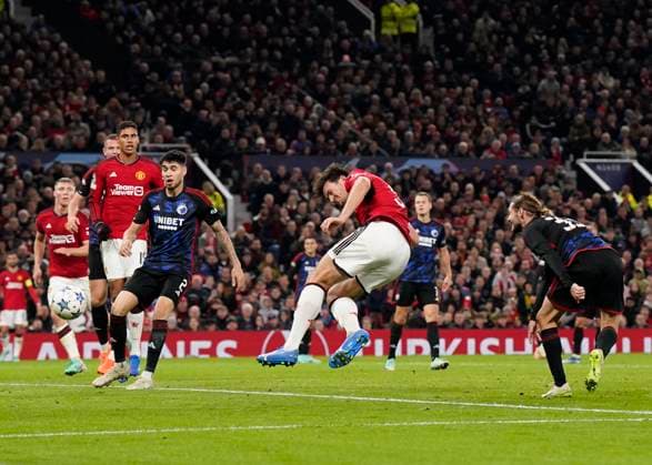 Manchester, England, 24th October 2023. Harry Maguire of Manchester United, ManU scores the first goal during the UEFA Champions League match at Old Trafford, Manchester. Picture credit should read: Andrew Yates Sportimage EDITORIAL USE ONLY. No use with unauthorised audio, video, data, fixture lists, club league logos or live services. Online in-match use limited to 120 images, no video emulation. No use in betting, games or single club league player publications. SPI-2672-0081
