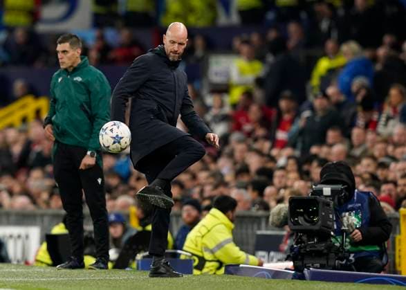 Manchester, England, 24th October 2023. Erik ten Hag manager of Manchester United, ManU traps the ball on the touchline during the UEFA Champions League match at Old Trafford, Manchester. Picture credit should read: Andrew Yates Sportimage EDITORIAL USE ONLY. No use with unauthorised audio, video, data, fixture lists, club league logos or live services. Online in-match use limited to 120 images, no video emulation. No use in betting, games or single club league player publications. SPI-2672-0084