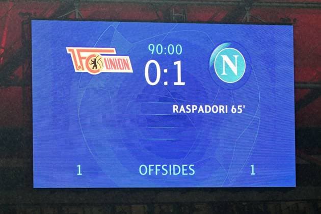 Football, Men, 2023 2024 season, UEFA Champions League Group C, Matchday 3 , 1 FC Union Berlin SSC Napoli, v l scoreboard with the final score 0 1, 24 10 2023, Copyright: xMatthiasxKochx