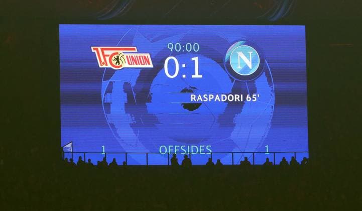 Scoreboard with final result 0 1 Sport Football Soccer UEFA Champions League UCL Men 3 Matchday Season 2023 2024 24 10 2023 1 FC Union Berlin FCU vs SSC Napoli Olympiastadion DFL regulations prohibit any use of photographs as image sequences and or quasi video