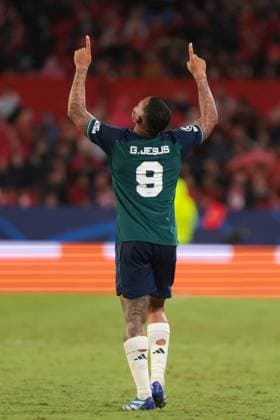 SEVILLE, SPAIN - OCTOBER 24: Gabriel Jesus of Arsenal FC celebrates a goal (0-2) during the UEFA Champions League match between Sevilla FC and Arsenal FC at Estadio Ramon Sanchez Pizjuan on October 24, 2023 in Seville, Spain. SPO 