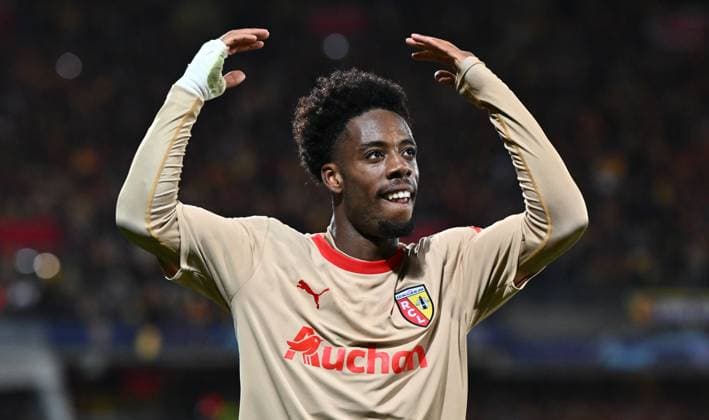 LENS, FRANCE - OCTOBER 24: Elye Wahi of RC Lens celebrates after scoring a goal during the UEFA Champions League match between RC Lens and PSV Eindhoven at Stade Bollaert-Delelis on October 24, 2023 in Lens, RC Lens v PSV Eindhoven: Group B - UEFA Champions League 2023 24 Copyright: xSebastianxFrejx
