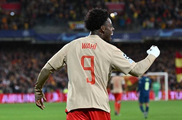 LENS, FRANCE - OCTOBER 24: Elye Wahi of RC Lens celebrates after scoring a goal during the UEFA Champions League match between RC Lens and PSV Eindhoven at Stade Bollaert-Delelis on October 24, 2023 in Lens, RC Lens v PSV Eindhoven: Group B - UEFA Champions League 2023 24 Copyright: xSebastianxFrejx