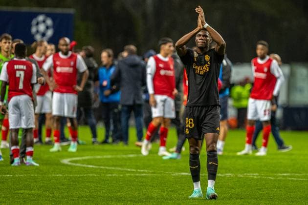 Uefa Champions League, Braga SC vs Real Madrid, round 3 of 6 Braga, Portugal, October, 24th, 2023,Uefa Champions League, Braga SC vs Real Madrid, round 3 of 6 at the Estadio Municipal de Braga, Aurelien Tchouameni playing for Real Madrid, photography by @guelbergoes Braga Portugal