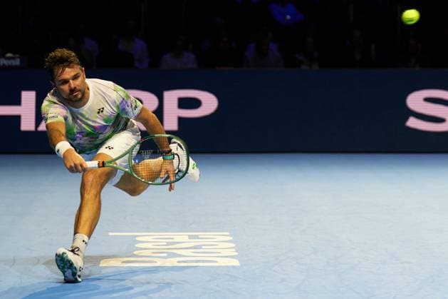 Stan Wawrinka of Switzerland returns a forehand to Alexander Shevchenko during their first round match on day four of Swiss Indoors at St. Jakobshalle on October 24, 2023 in Basel, Switzerland (Photo by Camilla Stolen Imago) Basel Switzerland Copyright: xCamillaxStolenx L1510262