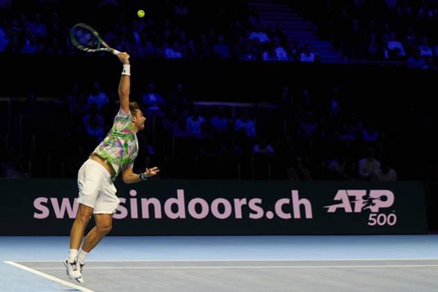 Stan Wawrinka of Switzerland serves to Alexander Shevchenko during their first round match on day four of Swiss Indoors at St. Jakobshalle on October 24, 2023 in Basel, Switzerland (Photo by Camilla Stolen Imago) Basel Switzerland Copyright: xCamillaxStolenx L1510440