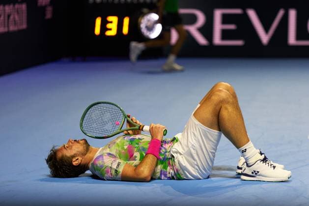 Stan Wawrinka of Switzerland cools down on the floor after a fall against Alexander Shevchenko during their first round match on day four of Swiss Indoors at St. Jakobshalle on October 24, 2023 in Basel, Switzerland (Photo by Camilla Stolen Imago) Basel Switzerland Copyright: xCamillaxStolenx L1510811