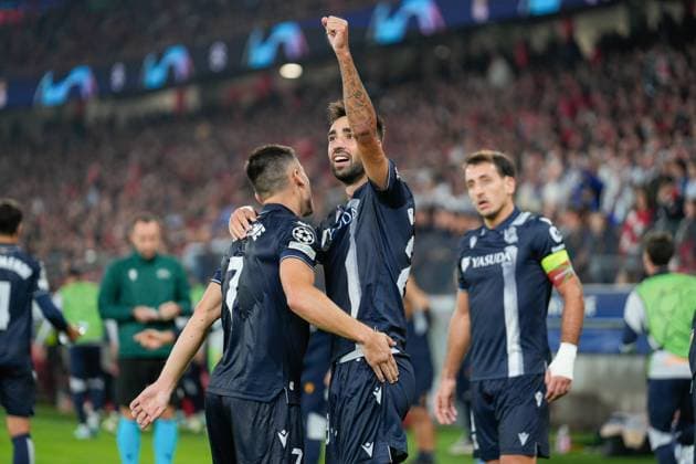 October 24, 2023, Lisbon, Portugal: Ander Barrenetxea from Real Sociedad F. 8L), Brais Mendez from Real Sociedad F. (C), and Mikel Oyarzabal from Real Sociedad F (R) seen during the UEFA Champions League group D football match between SL Benfica and Real Sociedad F at Estadio da Luz. .Final Score: SL Benfica 0:1 Real Sociedad F Lisbon Portugal - ZUMAs197 20231024_aaa_s197_212 Copyright: xBrunoxdexCarvalhox