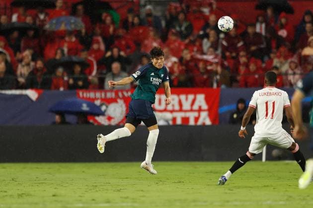 Takehiro Tomiyasu (Arsenal), OCTOBER 24, 2023 - Football Soccer : UEFA Champions League Group stage Group B match between Sevilla FC 1-2 Arsenal FC at the Estadio Ramon Sanchez-Pizjuan in Sevilla, Spain. Noxthirdxpartyxsales  (233543623)