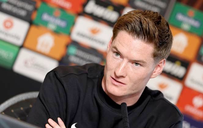 SOCCER - UEFA EL, Sturm vs Atalanta, preview GRAZ,AUSTRIA,25.OCT.23 - SOCCER - UEFA Europa League, SK Sturm Graz vs Atalanta Bergamo Calcio, preview, press conference, PK, Pressekonferenz Sturm. Image shows David Schnegg (Sturm).  GEPAxpictures xHansxOberlaender