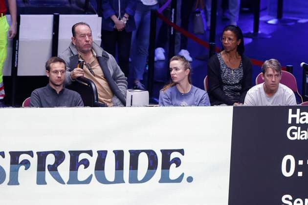 Gael Monfils team in the players box in front wife Elina Svitolina behind coach, coach Guenter Bresnik, from above Copyright: xJuergenxHasenkopfx