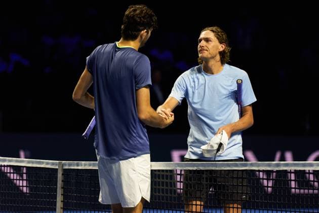Max Purcell of Australia congratulates Taylor Fritz of The United States of his win during their second round match on day five of the Swiss Indoors at St. Jakobshalle on October 25, 2023 in Basel, Switzerland (Photo by Camilla Stolen Imago) Basel Switzerland Copyright: xCamillaxStolenx L1520528