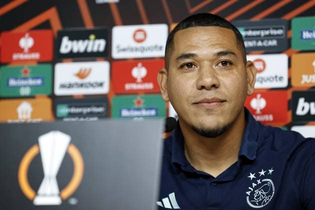 BRIGHTON - Ajax coach Hedwiges Maduro during the. MD-1 press conference, PK, Pressekonferenz ahead of the UEFA Europa League Group B match against Brighton & Hove Albion FC at the American Express Community Stadium on October 25, 2023 in Brighton, United Kingdom. ANP MAURICE VAN STEEN UEFA Europa League 2023 24 2023 2024 xVIxANPxSportx xxANPxIVx 482101752 originalFilename: 482101752.jpg