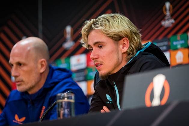 Head Coach Philippe Clement, left, and midfielder Todd Cantwell of Rangers FC (Glasgow) soccer team give the press conference, PK, Pressekonferenz prior to the UEFA Europa League, Group C, 3rd round, match AC Sparta Praha vs Rangers FC, in Prague, Czech Republic, October 25, 2023. (CTKxPhoto JaroslavxSvoboda) CTKPhotoP2023102508224 CTKPhotoP2023102508224