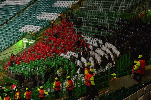 Celtic v Atletico Madrid UEFA Champions League General view of the green brigade section setting up a Palestine tifo during the UEFA Champions League Group E match at Celtic Park, Glasgow Copyright: xJamiexJohnstonx FIL-19153-0003 UK Newspapers OUT