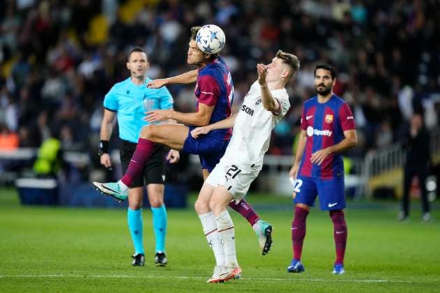 FC Barcelona, Barca v FC Shakhtar Donetsk: Group H - UEFA Champions League 2023 24 Marcos Alonso left-back of Barcelona and Spain and Artem Bondarenko Attacking Midfield of Shakhtar Donetsk and Ukraine compete for the ball during the UEFA Champions League match between FC Barcelona and FC Shakhtar Donetsk at Estadi Olimpic Lluis Companys on October 25, 2023 in Barcelona, Spain. Barcelona Spain  Copyright: xJosexBretonx originalFilename:breton-fcbarcel231025_npFHv.jpg