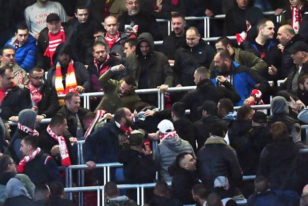 Football, Men, 2023 2024 season, UEFA Champions League Group G, Matchday 3 , RB Leipzig FK Red Star Belgrade, Belgrade fans fight among themselves in the visitors block, 25 10 2023, Copyright: xSebastianxRäppold MatthiasxKochx
