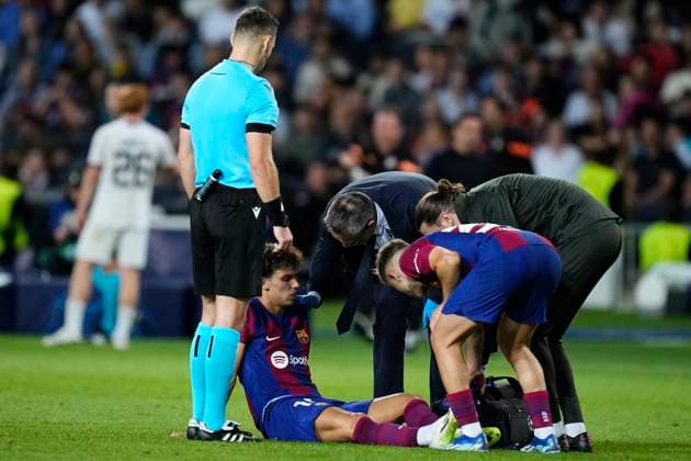 FC Barcelona, Barca v FC Shakhtar Donetsk: Group H - UEFA Champions League 2023 24 Joao Felix second striker of Barcelona and Portugal lies injured on the pitch during the UEFA Champions League match between FC Barcelona and FC Shakhtar Donetsk at Estadi Olimpic Lluis Companys on October 25, 2023 in Barcelona, Spain. Barcelona Spain  Copyright: xJosexBretonx originalFilename:breton-fcbarcel231025_npiEr.jpg