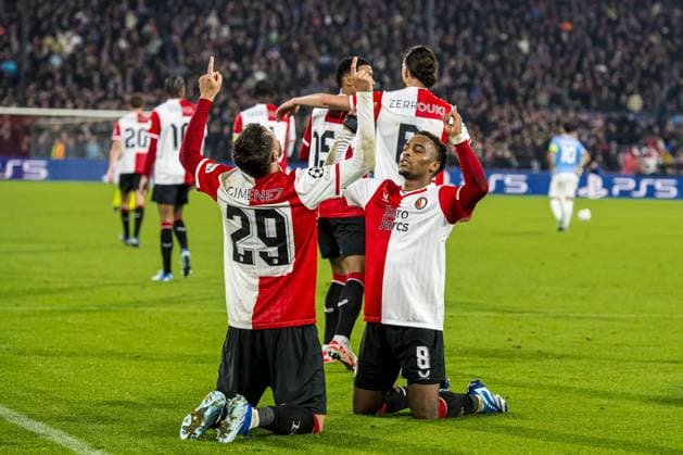 ROTTERDAM - (l-r) Santiago Gimenez of Feyenoord and Quinten Timber of Feyenoord celebrate the 3-0 during the UEFA Champions League group E match between Feyenoord and SS Lazio at Feyenoord Stadium de Kuip on October 25, 2023 in Rotterdam, Netherlands. ANP Hollandse Hoogte COR LASKER UEFA Champions League 2023 24 2023 2024 xVIxANPxSportx xCorxLaskerxIVx 482109048 originalFilename: 482109048.jpg