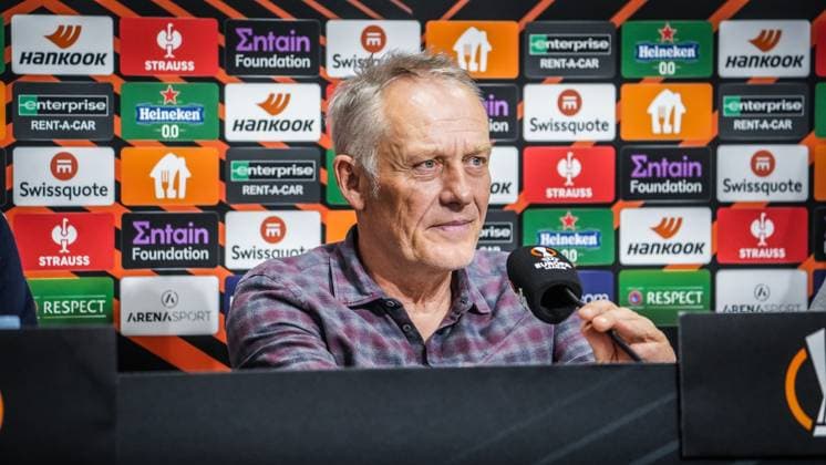25 10 2023 Topola, Serbia, Europe SC Freiburg pre-match press conference against TSC Backa Topola with head coach Christian Streich and Philipp Lienhart 3 SC Freiburg UEFA Europa League 2023 2024 TSC Arena Backa Topola