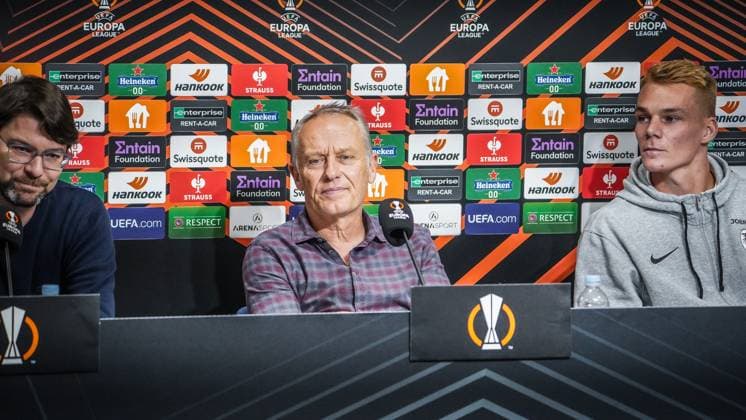 25 10 2023 Topola, Serbia, Europe SC Freiburg pre-match press conference against TSC Backa Topola with head coach Christian Streich and Philipp Lienhart 3 SC Freiburg UEFA Europa League 2023 2024 TSC Arena Backa Topola