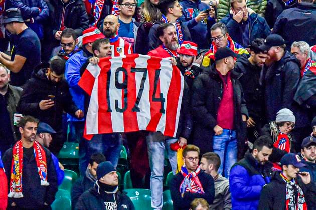 Celtic v Atletico Madrid UEFA Champions League Fans of Atletico Madrid hold up a banner with 1974 inscribed during the UEFA Champions League Group E match at Celtic Park, Glasgow Copyright: xJamiexJohnstonx FIL-19153-0017 UK Newspapers OUT
